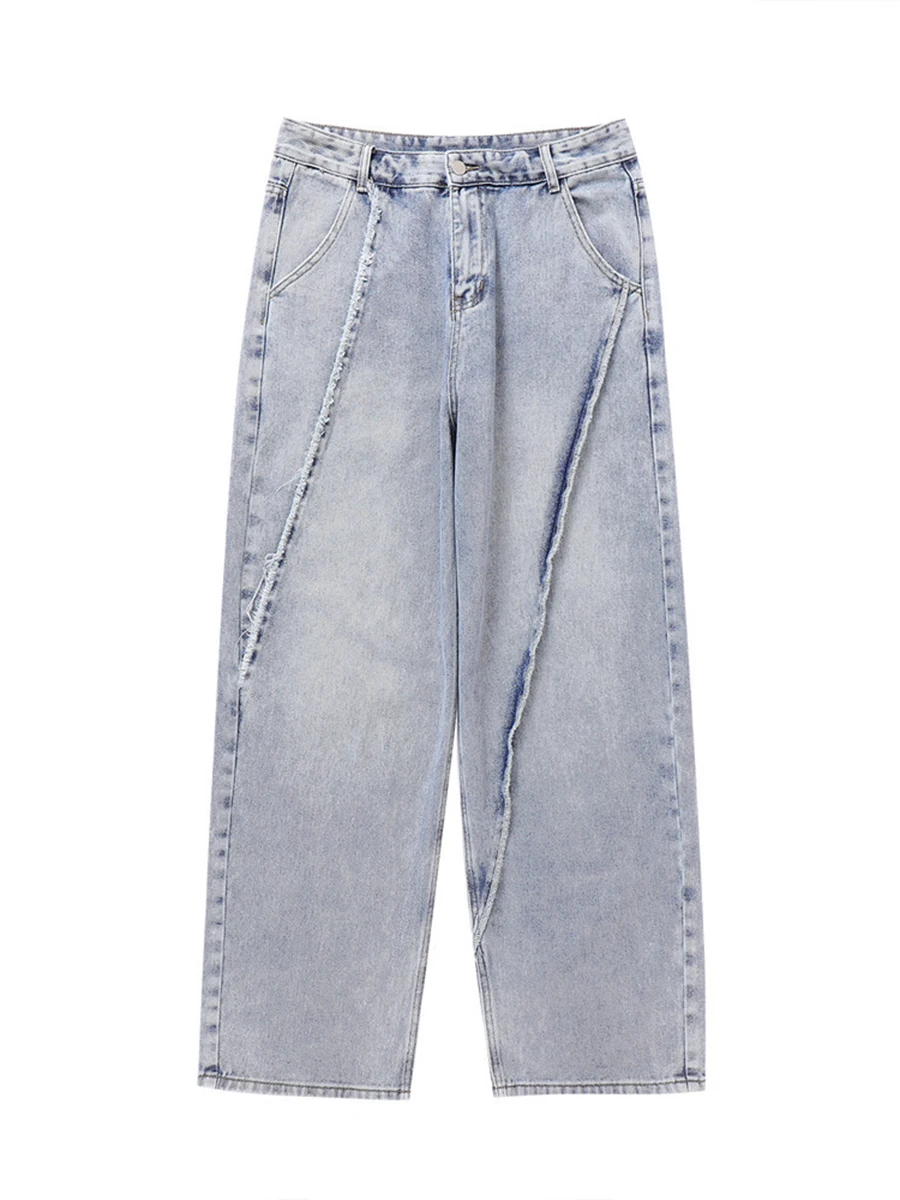 Four Seasons Men Jeans Fashion Trend Raw Edge Solid Color Street Hip Hop Design Loose Straight Trousers Streetwear Ins Hot Sale