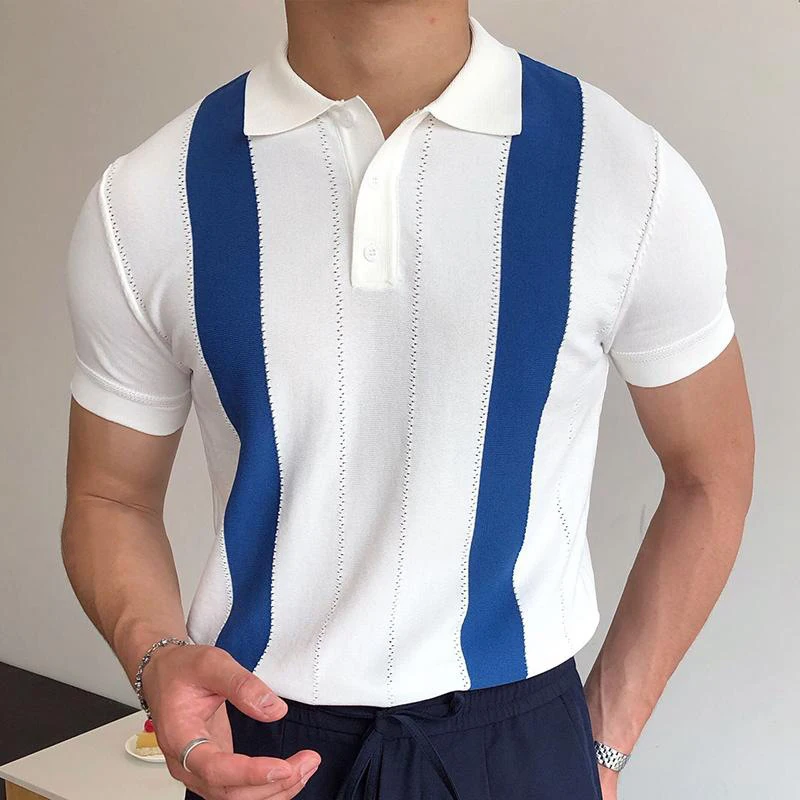 

2022 New Men's Summer Short Sleeved Polo Shirt Fashion Blue Stripe Slim Casual Polo Shirt Lapel Collar Patchwork T-shirt Clothes