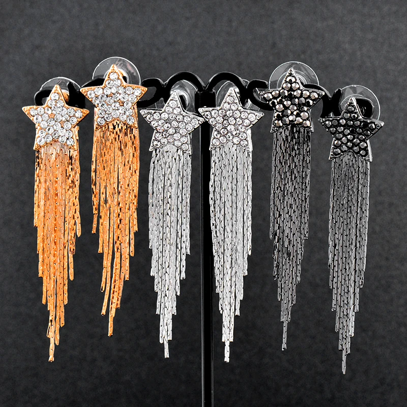 

SINLEERY 2021 New Fashion Crystal Star Tassel Hanging Earrings For Women Party Jewelry wedding accessories ZD1 SSK
