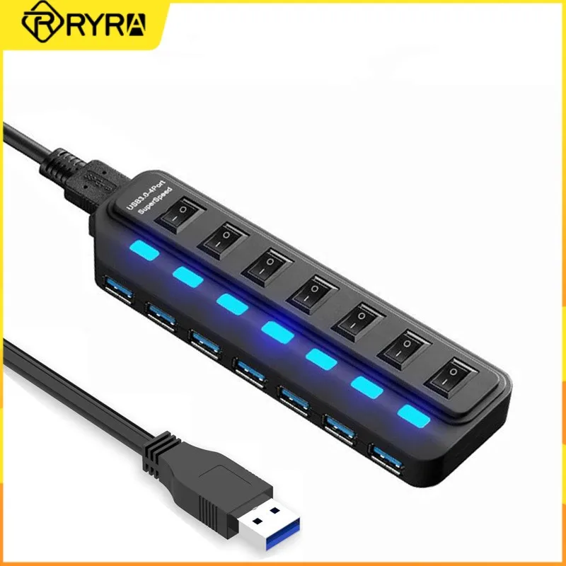 

RYRA 7 port USB 3.0 hub splitter 5Gbps data transfer speed suitable for laptop equipped with independent on/off switch and light