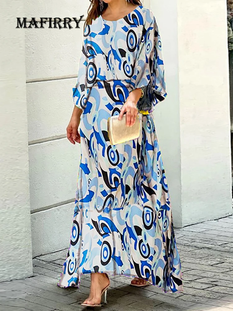 Women Printing Long Lantern Sleeve Maxi Skirt 2PCS Outfit Summer O-Neck Loungewear Ladies Matching Set Holiday Casual Streetwear