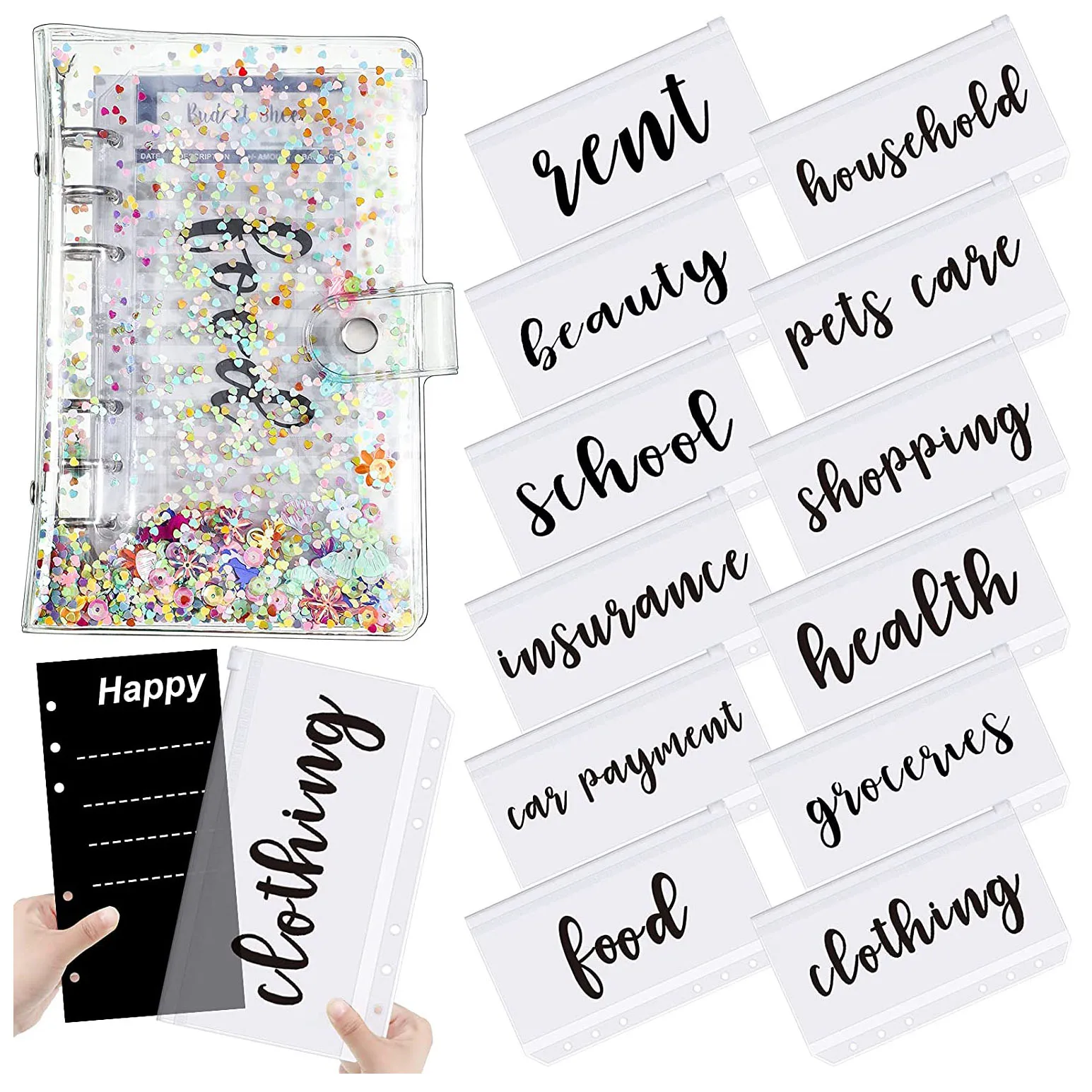 

13 Pieces A6 Binder Budget Cash Envelopes System Organize with Snap Closure and 12 Categories Zipper Pockets for Bill Planner