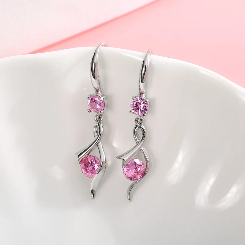 

Europe and America Silver Blue Zircon Cube Inlaid Twisted Earrings Fashion Design Hook Long Earrings Girl's Unusual Jewelry