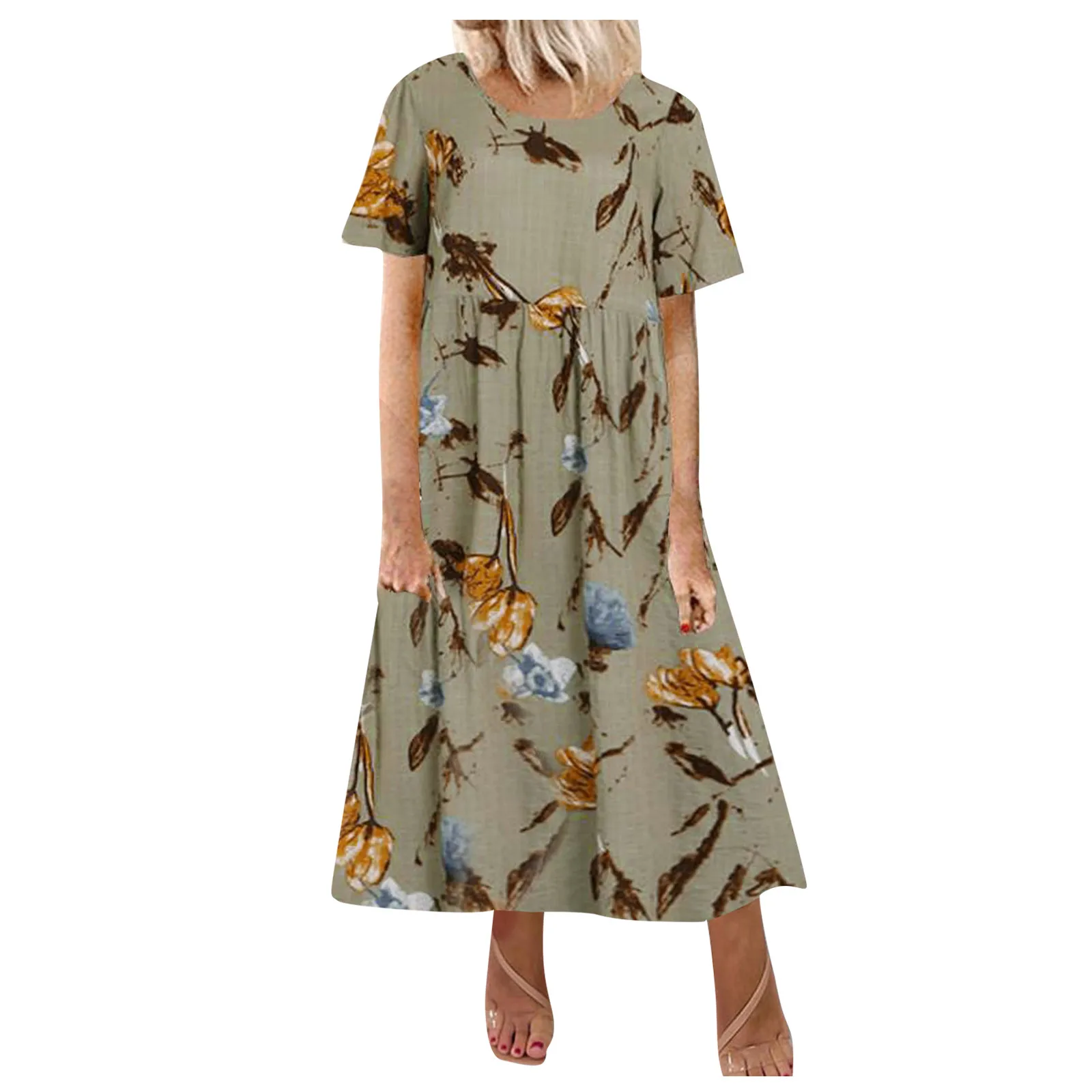 

2022 Summer Women Long Dress Round Neck Short Sleeve Pockets Fashion Loose Casual Maxi Dress Vintage Floral Print Maxi Dress
