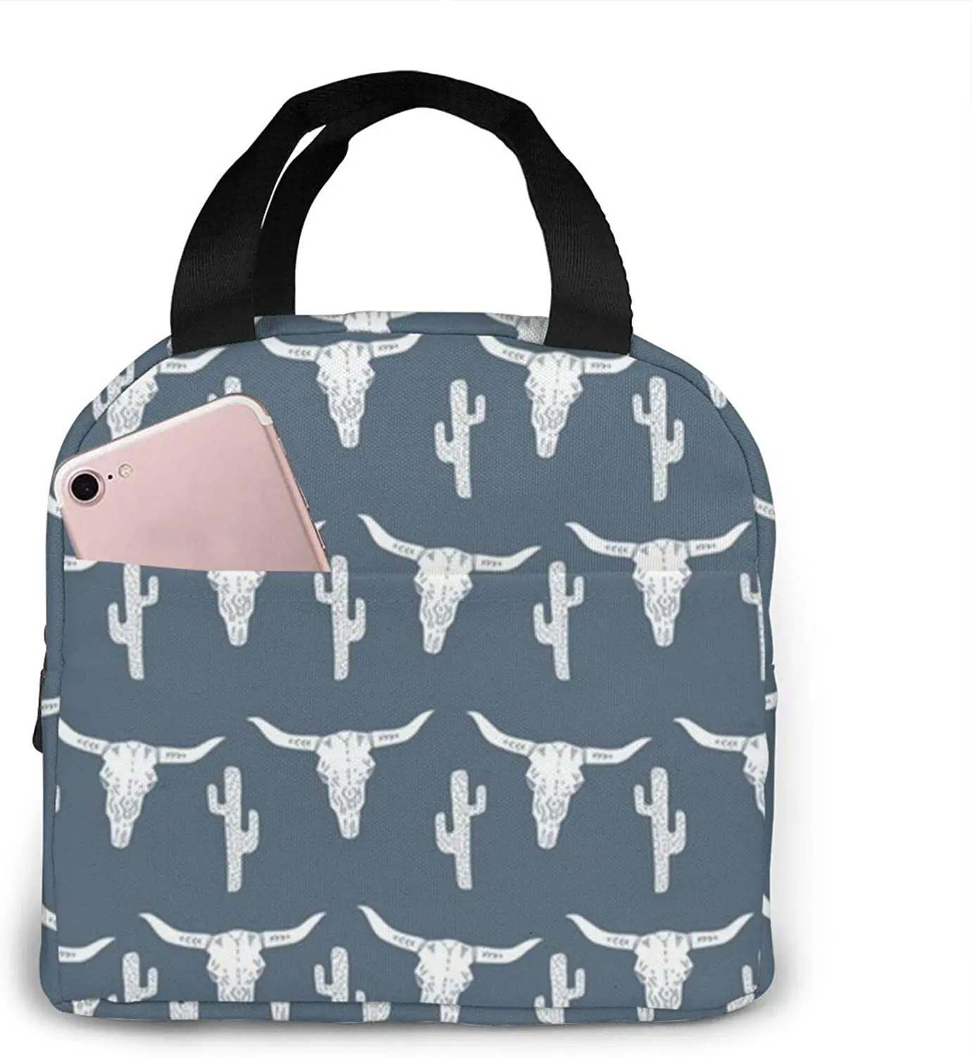 

Longhorn, голубая сумка для ланча с черепом, КАКТУСОМ, сумка-тоут, сумка для ланча для женщин и мужчин, Ланч-бокс, изолированный Ланч-бокс, один ра...