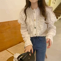 spring 2022 womens fashion long sleeve lace tops ladies cute ruffle floral embroidery lace blouse korean kawaii button up shirt