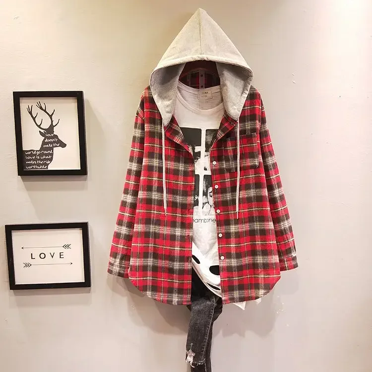Женская рубашка блузка зимняя клетчатая с капюшоном мешковатое пальто женская