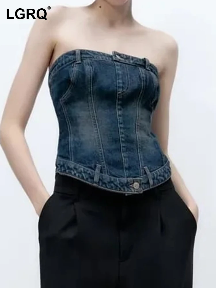 

LGRQ модные сексуальные женские майки Новые однотонные без бретелек с открытой спиной пэчворк пуговицы на молнии джинсовые жилеты для женщин...