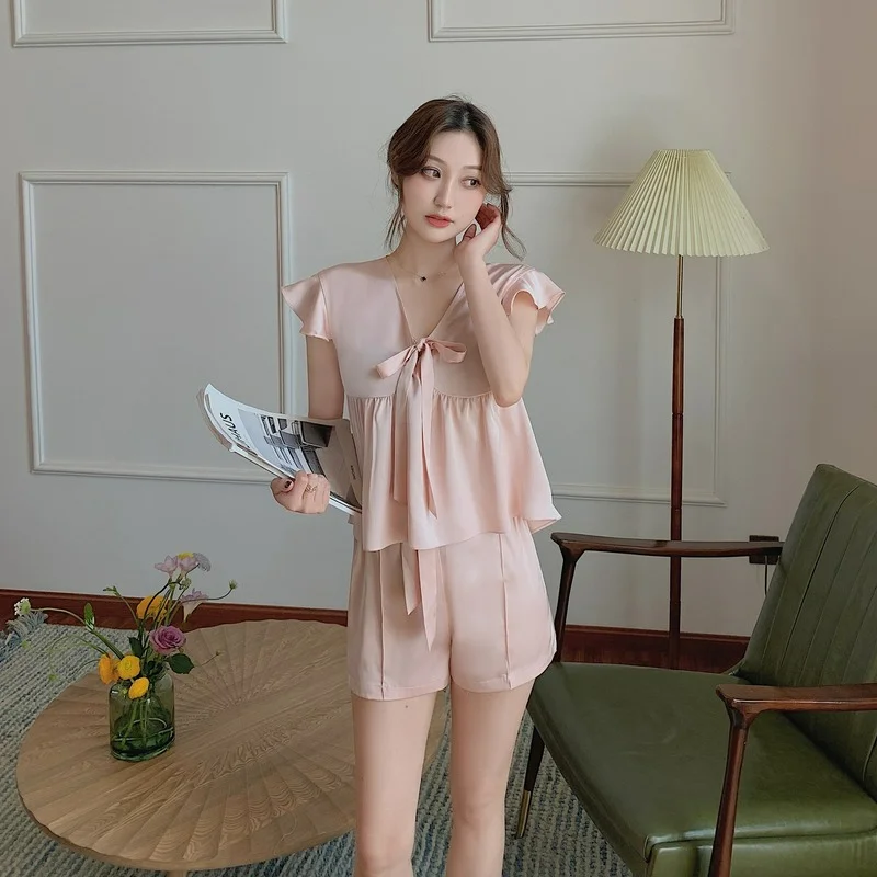 Women's Satin Pajamas with Shorts Ruffle Silk Pajamas for Women Summer Pyjamas Home Clothes for Women DropShipping