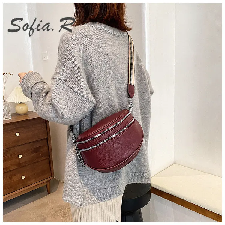 

New Wine Red Wide Shoulder Strap One-shoulder Bags Popular Women's Trendy Cross-body Bag Large Capacity Chest Bag