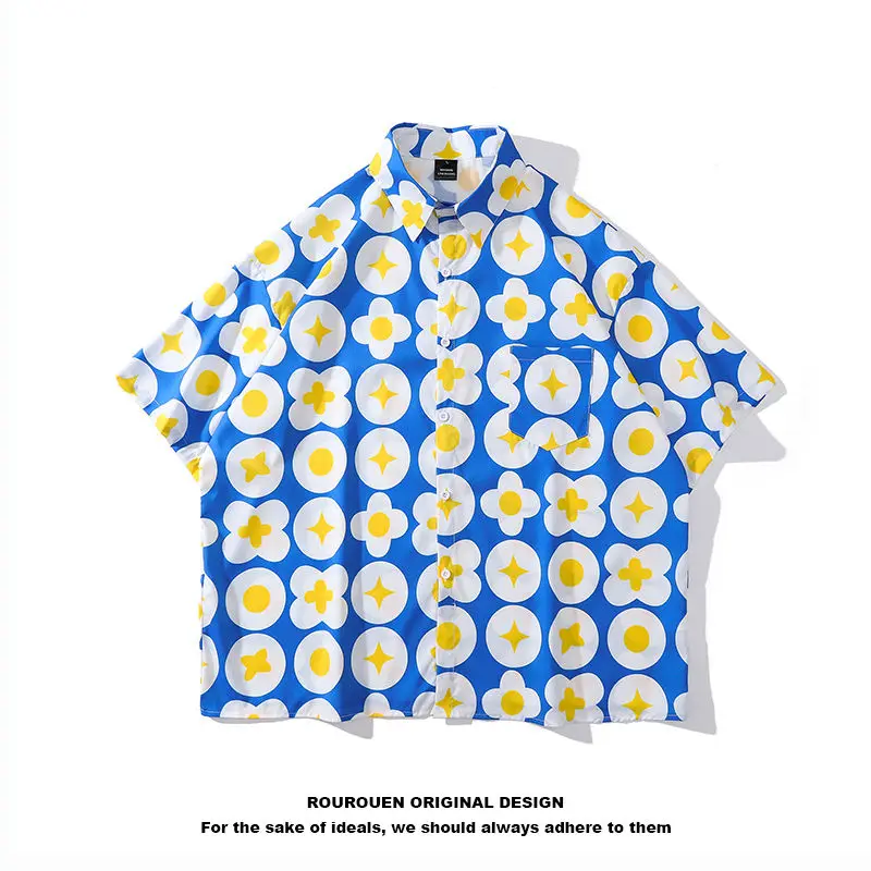 Fashion Brand Retro Simple Street Style Short-Sleeved Shirt Women Loose Oversize Couple Flower Shirt Trendy Top Men