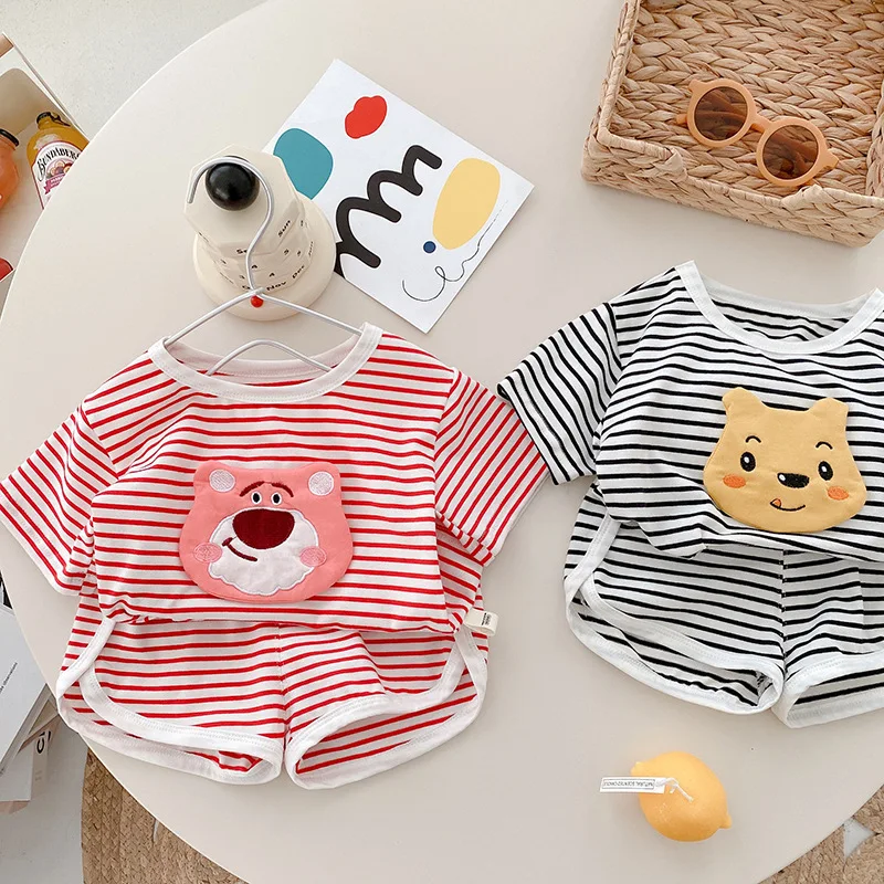 

Children Clothes Set Cute Cartoon Boys Striped T shirt+ Shorts 2 Pcs Casual Kids Suits