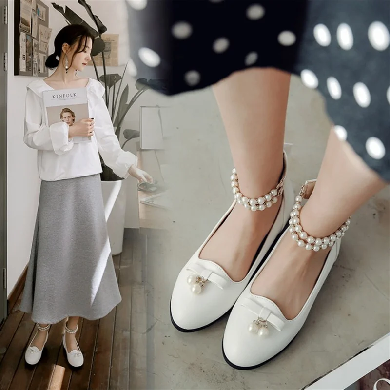 Туфли YQBTDL женские на низком каблуке туфли с жемчужными бусинами ремешком пряжкой