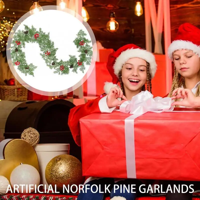 Norfolk Pine Garland 6 56ft Real Touch Сосновая гирлянда с сосновыми шишками и красными ягодами