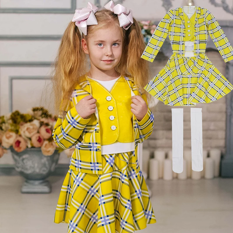 Teenage Girls Clueless Cher Horowitz Costume 2 Piece Outfit Movie Alicia Silverstone Carnival Birthday Party Plaid Dress Cosplay