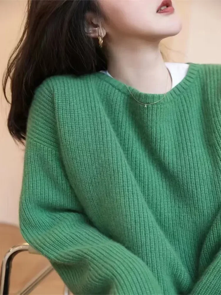

Autumn Winter New Round Neck Cashmere Sweater Female Loose Korean Version Lazy Wind Wool Knit Outside Wear Sweater Thickened