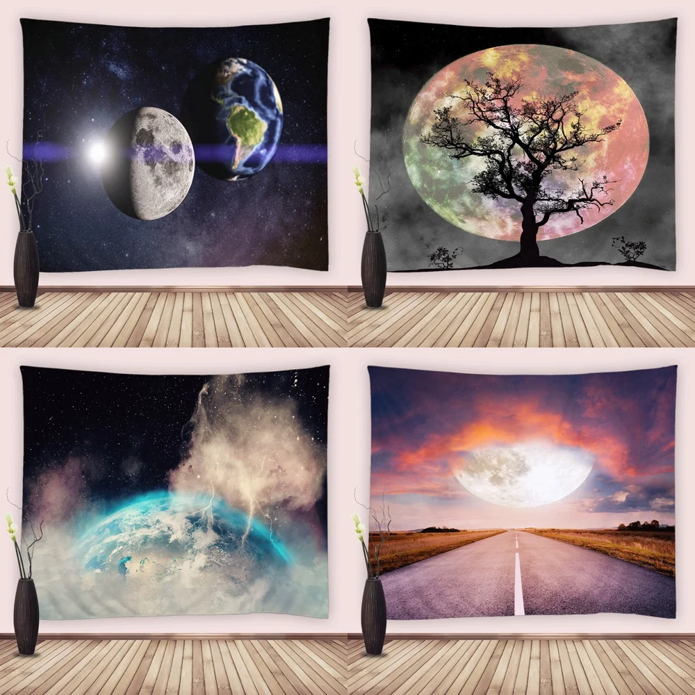 

Universe Outer Space Tapestry Galaxy Stars Earth Planet Trees Tapestries Wall Hanging Fabric for Living Room Dorm Bedroom Decor