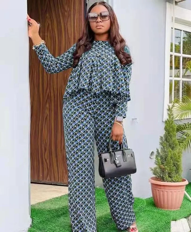 

Женские комплекты из 2 предметов, весна-осень 2022, комплекты в африканском стиле для женщин, топ с принтом и брюки, костюмы, одежда, африканска...