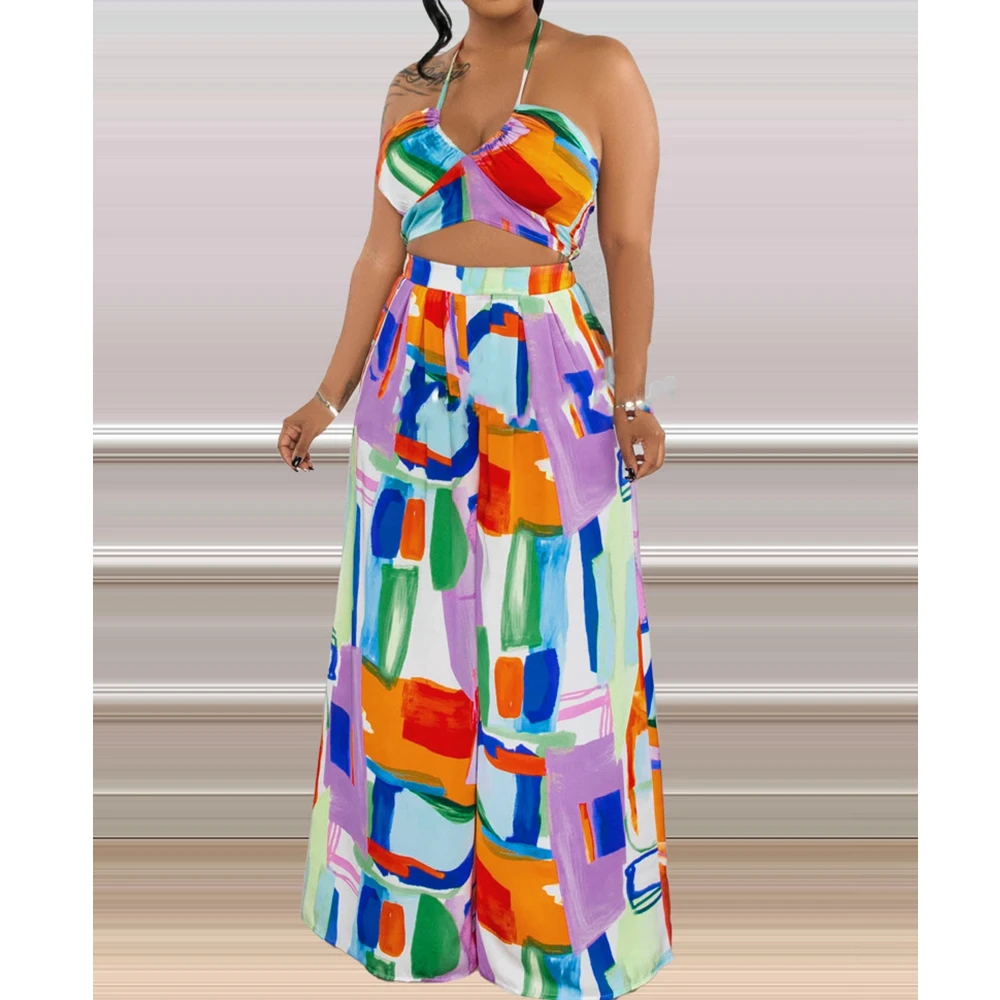 

Wepbel Halter Long Dress Printing Suit Women Summer Beach Wear Skirts Sexy Sleeveless Camis Top High Waist Skirts Two Piece Set
