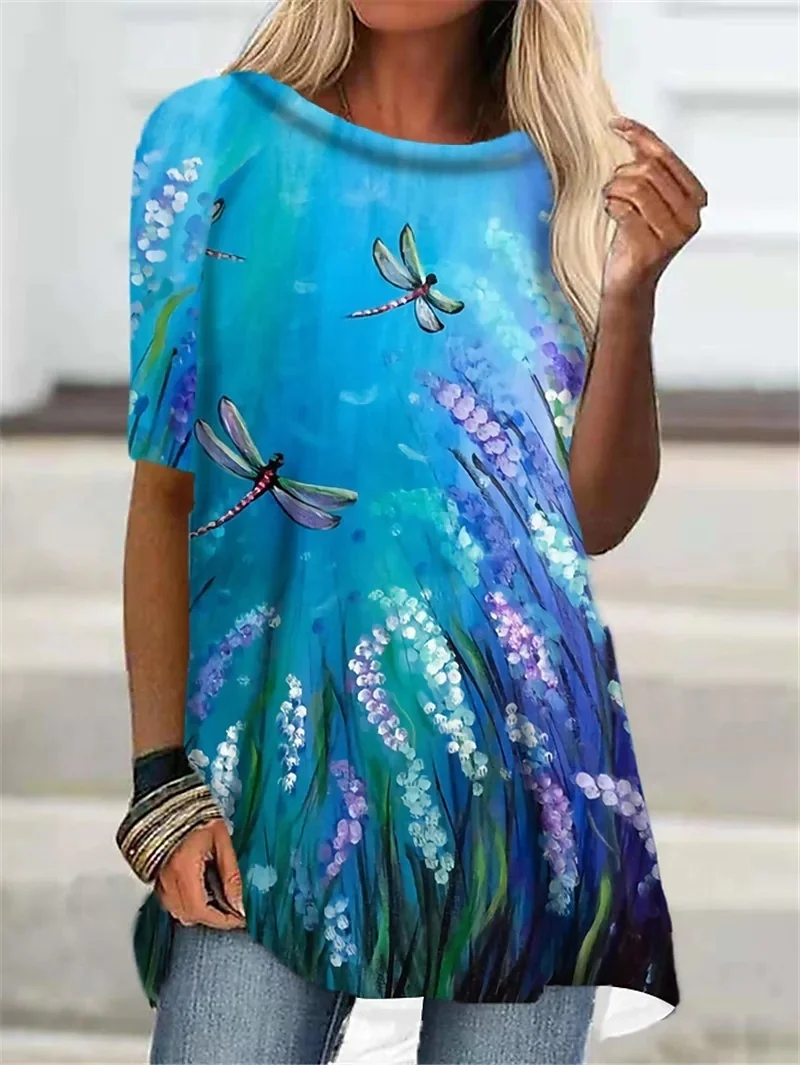 

Women's T-shirt Green Blue Red Short Sleeve T-shirt Floral Gradient Print Top Autumn Summer Round Neck Casual Fashion Top 2022
