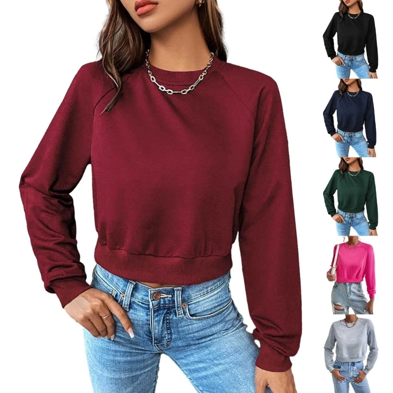 

F42F Women's Long Sleeves Cropped Sweater Top Casual Pullover Cropped Sweatshirt