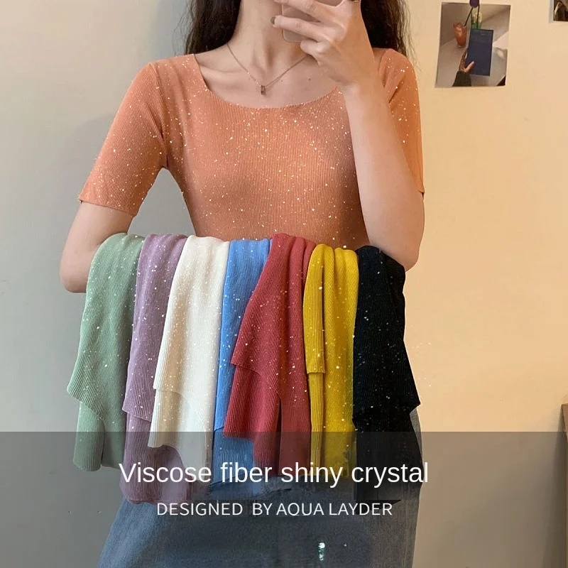 

Bright Crystal Ice Silk Short-sleeved Women's Summer New Korean Bottoming Shirt Slim Thin Knitted Sweater Top