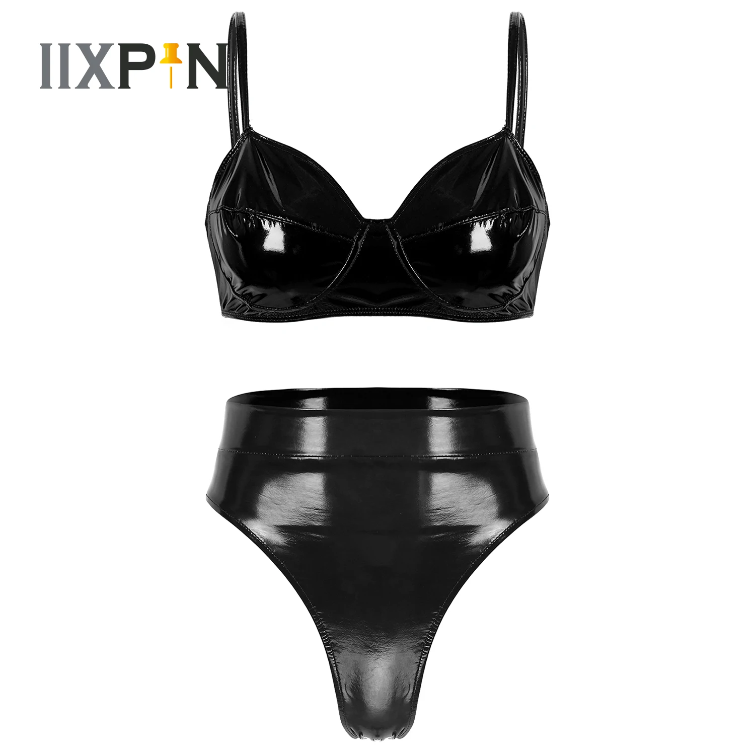 

Patent Leather Bikini Lingerie Set Womens Sexy Wetlook Bra Top+Back Buckle Briefs Underwear Latex Pole Dancing Party Clubwear