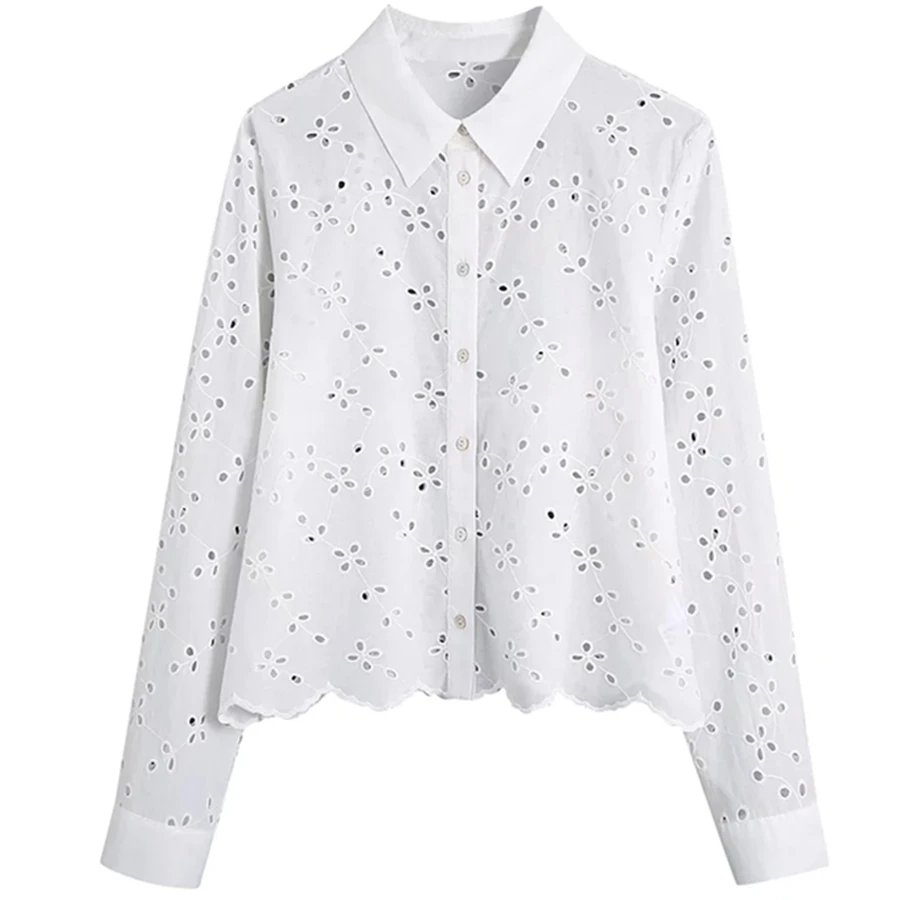 

Elmsk 2022 Indie народная чистая белая хлопковая ажурная вышивка повседневная короткая рубашка модная уличная блузка женские топы