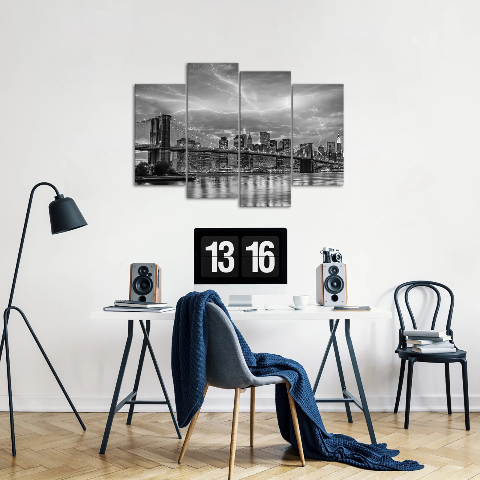 4 Pieces Thunder Over City Wall Art Posters Black and White Print Canvas Painting Modern Style Picture Living Room Home Decor