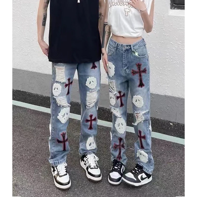

American high street heavy industry embroidery hole jeans men and women with street retro loose straight patch casual pants tide