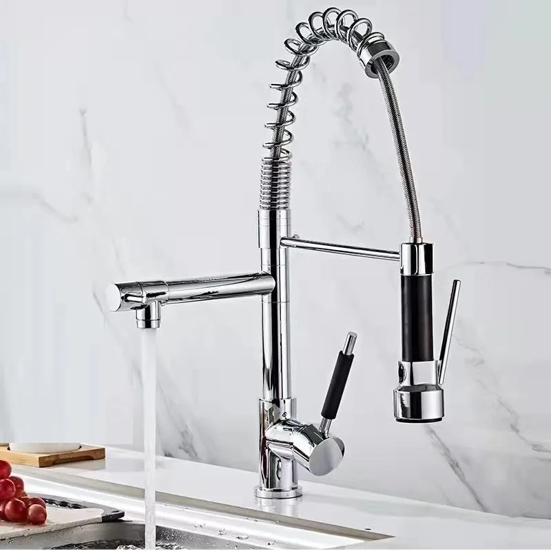 Черный латунный Смеситель для кухни смеситель раковины пружина крана двойные