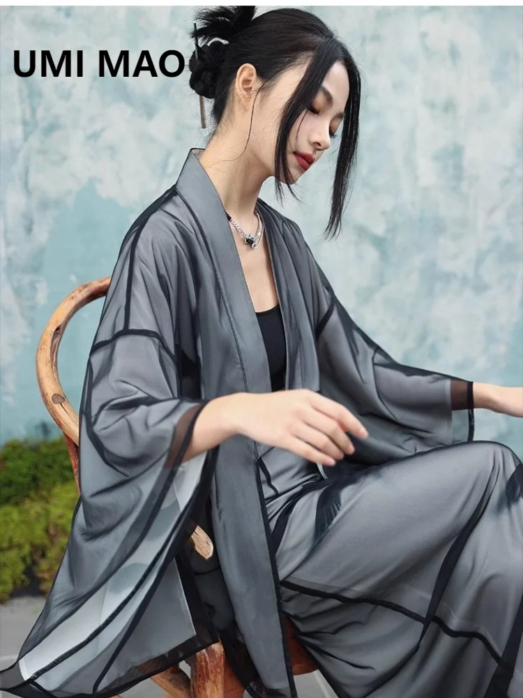 Женское двубортное пальто UMI MAO Свободное с принтом в виде летящей ласточки