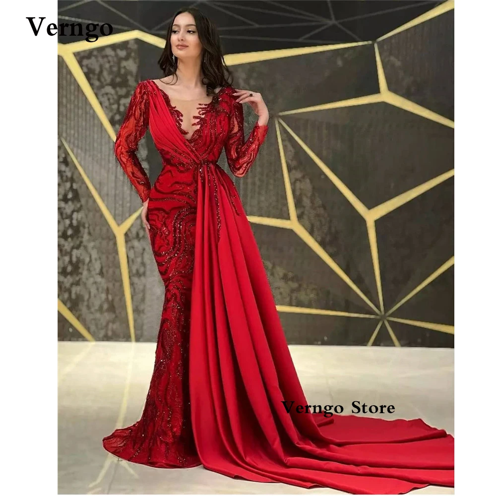 Verngo Dubai Women Formal Evening Dresses Red Luxury Lace Sequin Glitter Satin Overskirt Prom Gowns Celebrity Dress Vestidos