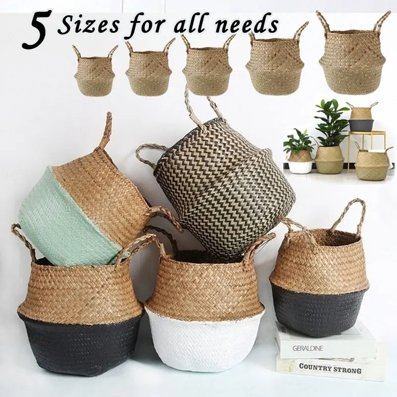 

Handmade Woven Storage Basket Folding Clthoes Laundry Basket Straw Wicker Rattan Seagrass Belly Garden Flower Pot Plant Basket