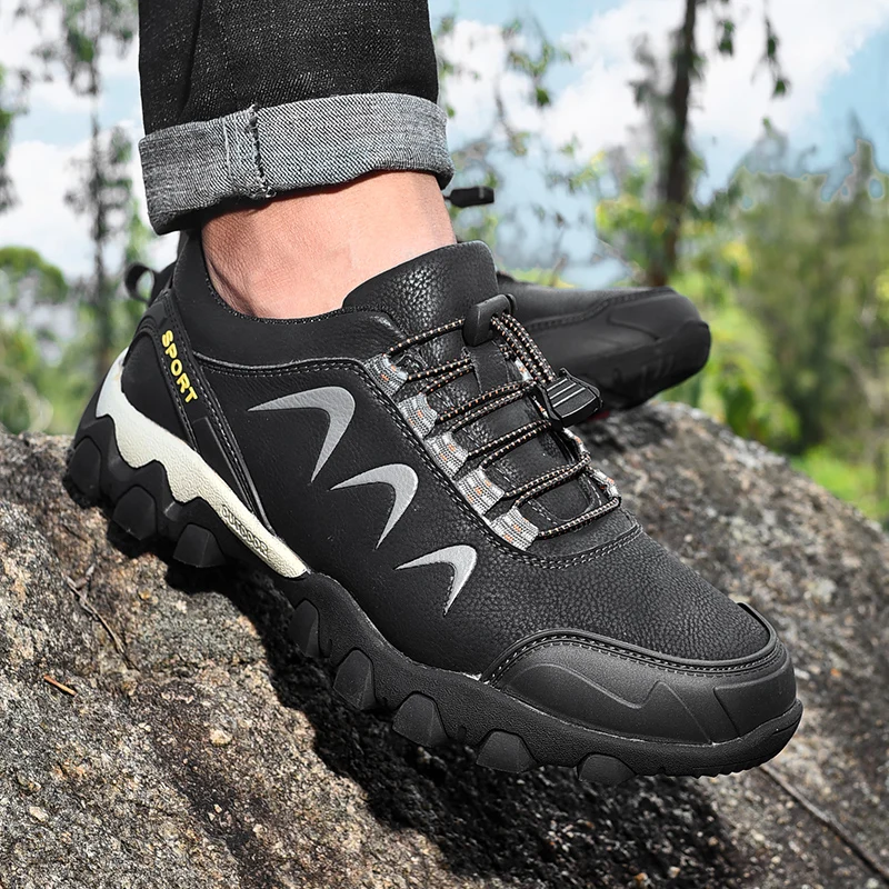 HIKEUP Outdoor Sports Anti-Collision Toe Waterproof for Men Hiking Shoes Cowhide Leather Trekking Sneakers Outdoor Jogging