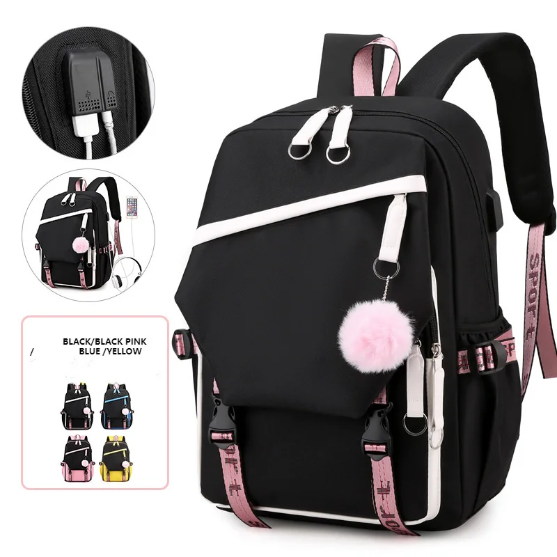 

Waterproof Large School Bags For Teenage Girls Usb Port Schoolbag Student Book Bag Fashion Black Pink Teen School Backpack