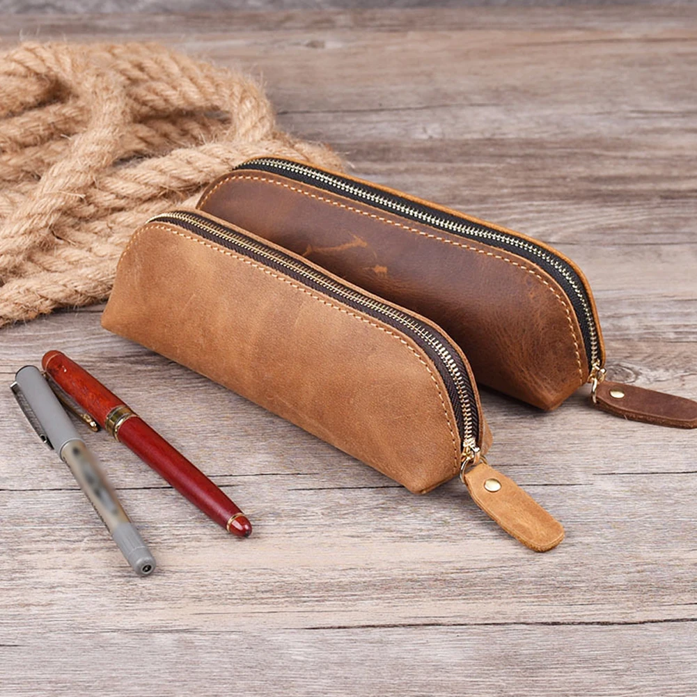 

Genuine Leather Pencil Bag Retro Simple Stationery Holder Handmade Pen Case Storage Bag Zipper Pencil Pouch School Supplies