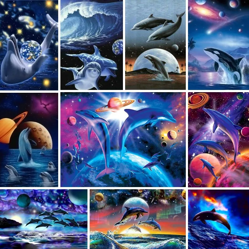 

5D алмазная живопись «сделай сам», Космический дельфин, животное, небесная планета, полная круглая Алмазная Вышивка крестиком, картина на стену, подарок с любовью