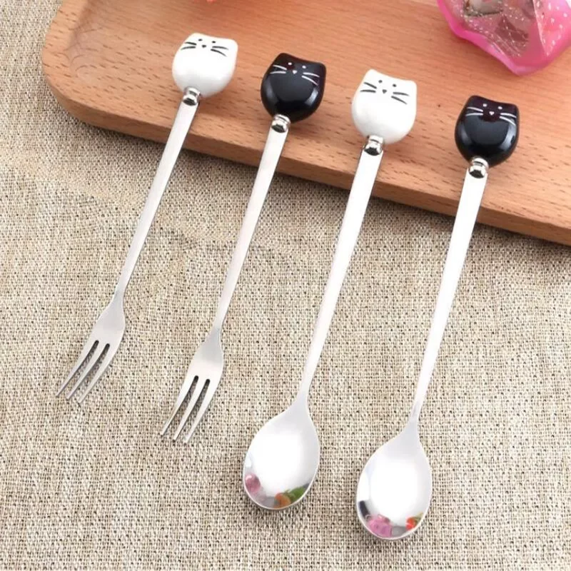 

2023New Kitchen Tool Ice Cream Cartoon Spoon Stainless Steel Long Coffee Spoon Cat Handle Ceramic Spoon Fruit Fork