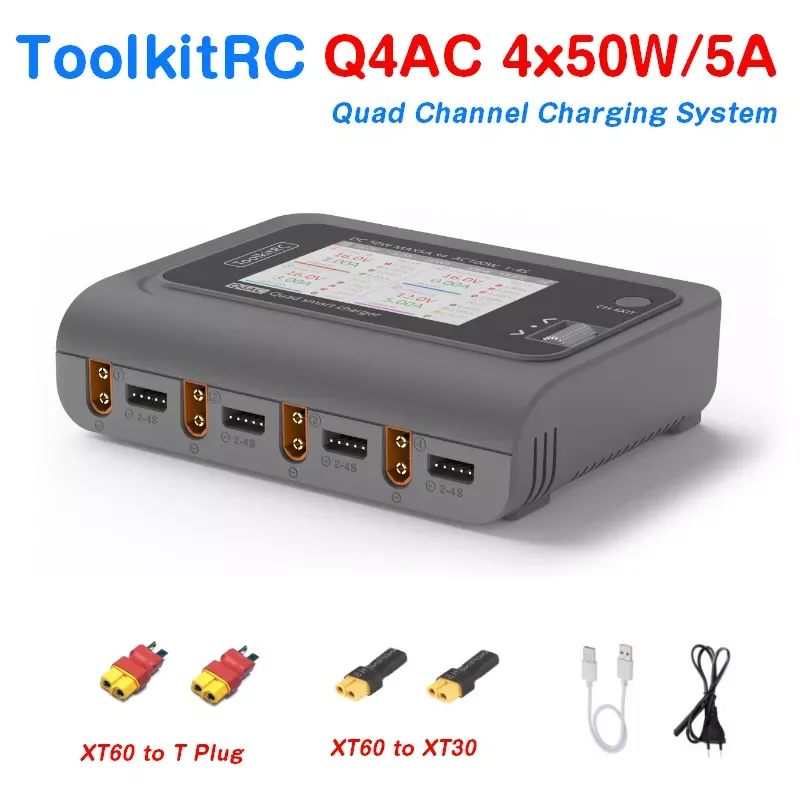 

Зарядное устройство ToolkitRC Q4AC 4x50 Вт 5A AC 100 Вт 4 порта DC Smart Dis зарядное устройство XT60/XT30 опционально для литий-полимерных батарей 1-4S