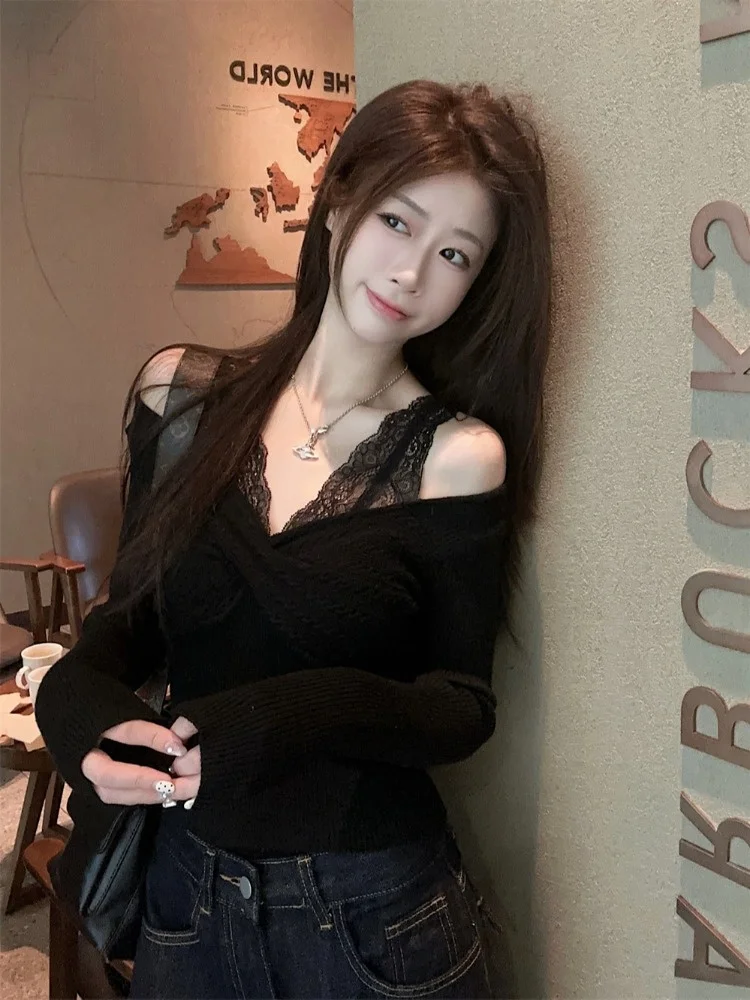 Красный кружевной шов с v-образным вырезом искусственный вязаный женский