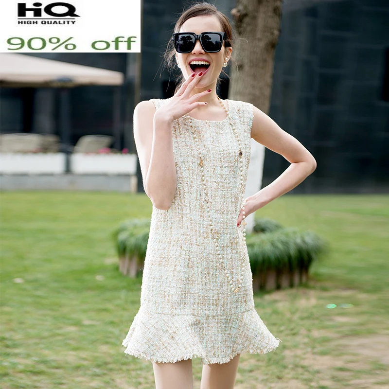 

color Apricot tweed spring / autumn women's es fresh knitted sleeveless ladies fish tail one-piece dress