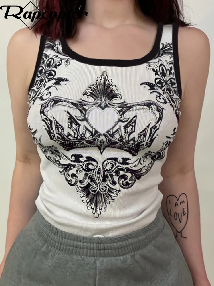 

Rapcopter y2k Printed Tank Tops Cute White Knitted Crop Top Women Patched O Neck Sleeveless Basic Harajuku Summer Sweats Retro