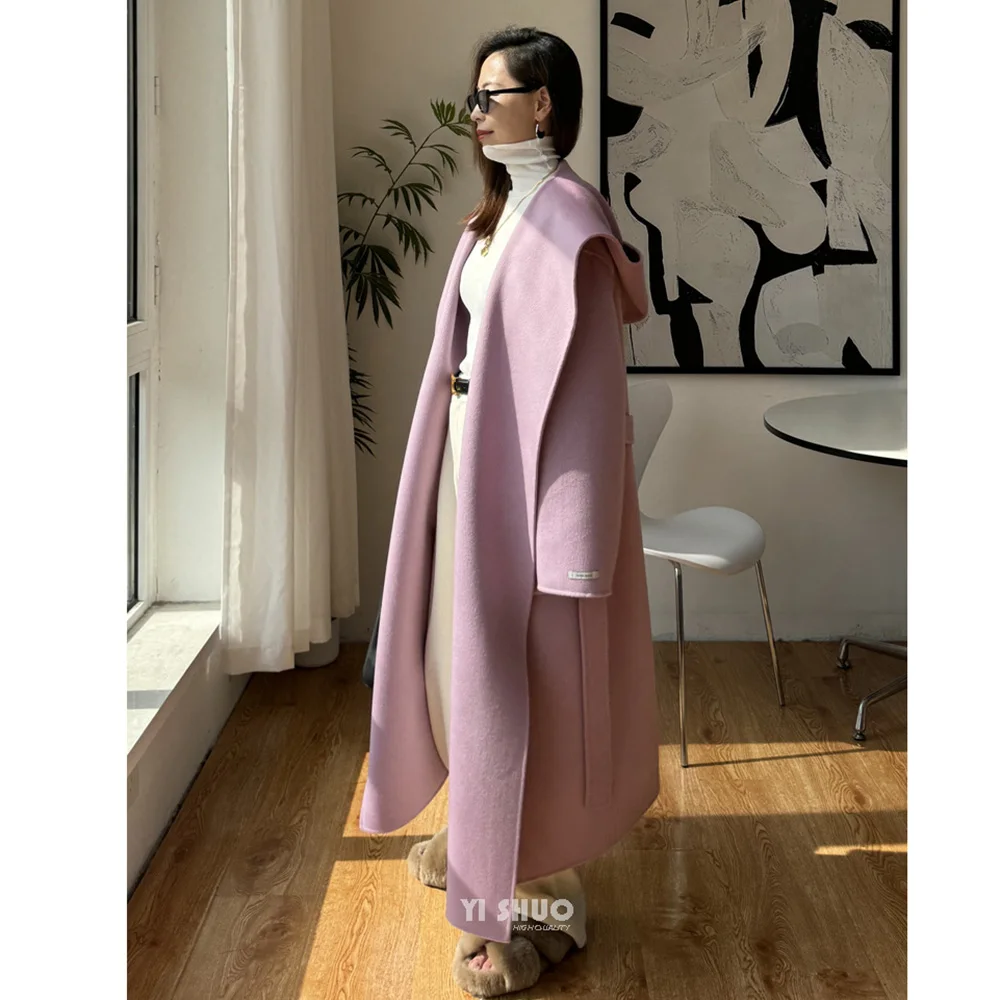 Женское длинное шерстяное пальто с капюшоном