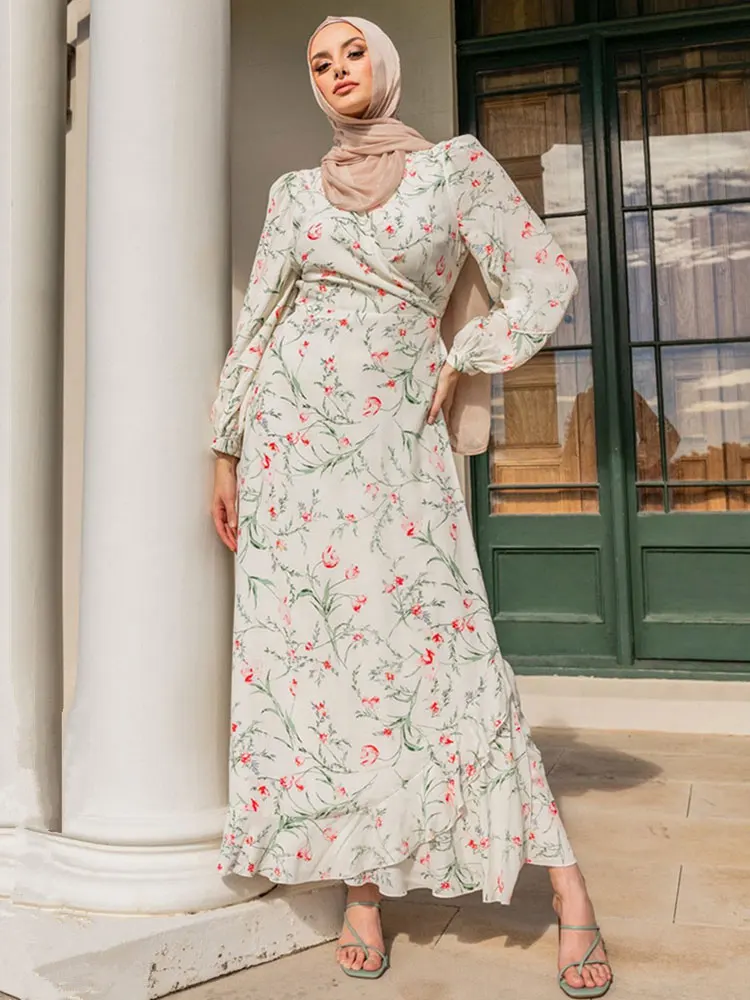 Мусульманское длинное платье с цветочным принтом, абайя, Женский хиджаб с запахом и оборками спереди, элегантный стиль, искусственная кожа, ...