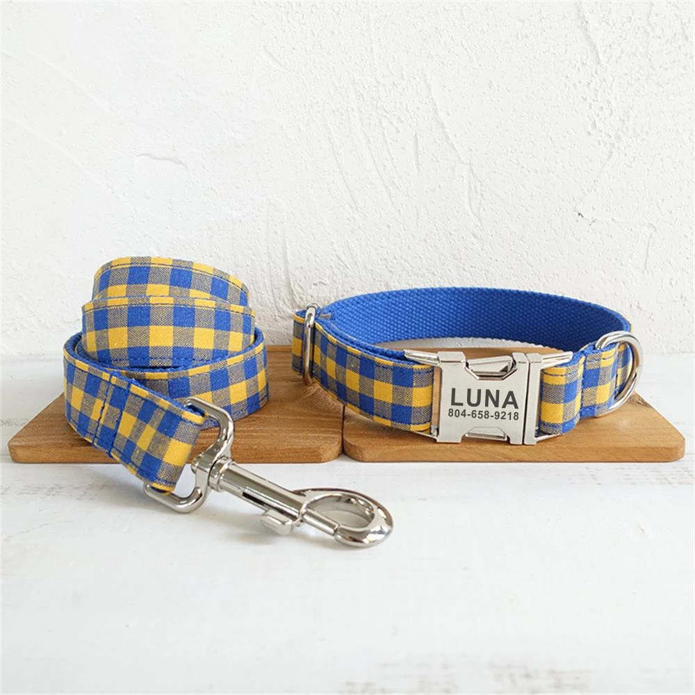 Personalized Pet Collar Customized Nameplate ID Tag Adjustable Blue Yellow Plai Cat Dog Collars Lead Leash