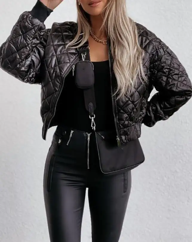 Winter Thick Cardigan Coats Cool Women's Jackets Quilted Long Sleeve Zipper Design Puffer Jacket Moto Biker Black Short Coat