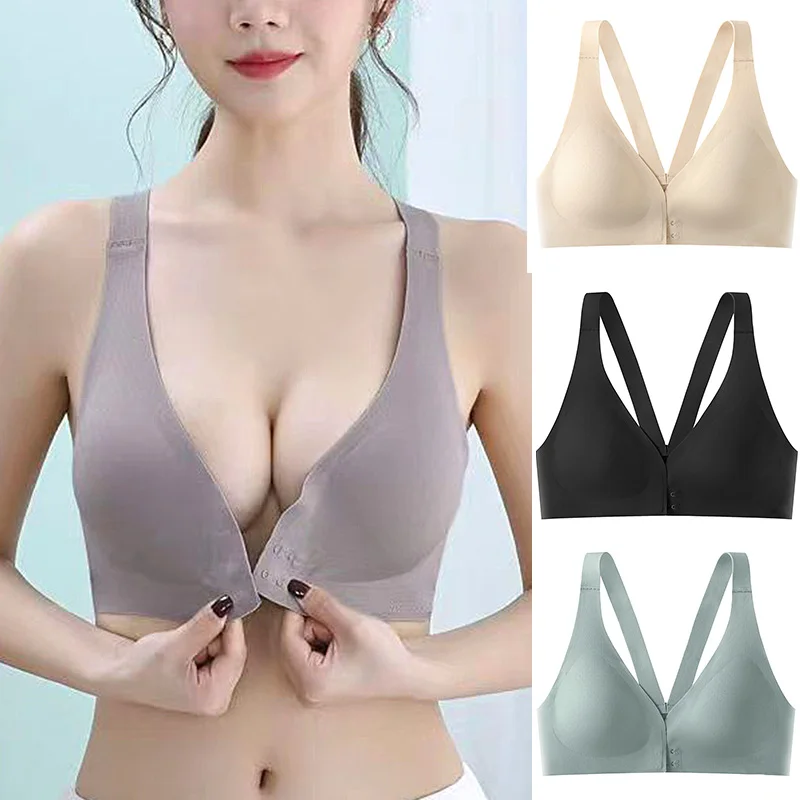 

Женское дышащее бесшовное нижнее белье пуш-ап с V-образным вырезом и застежкой спереди, однотонный бюстгальтер без косточек из вискозы, удобное невидимое красивое нижнее белье