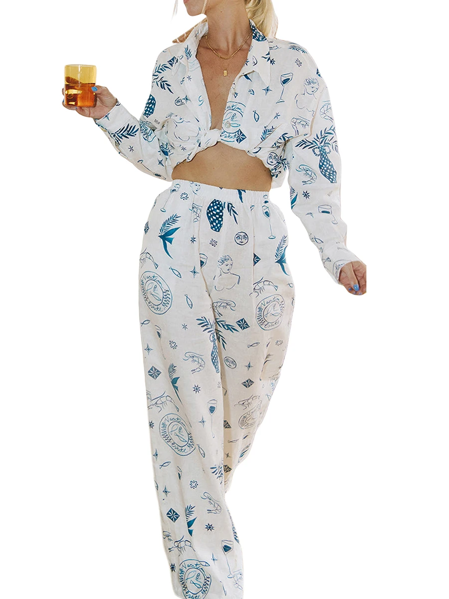 

Women 2 Piece Casual Outfits Long Sleeve Button Down Shirt High Waist Long Pant Streetwear