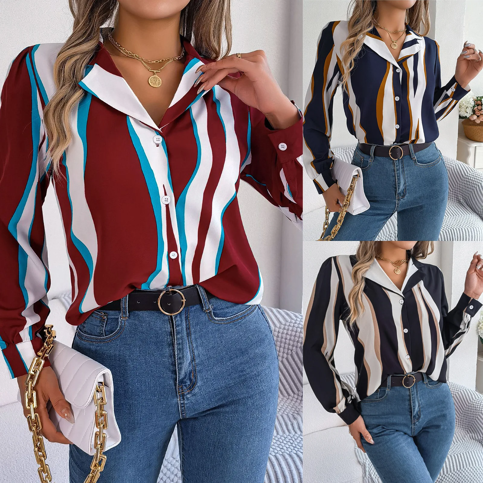 

Vintage Lady Office T-shirt Woemn's Top Y2k Autumn and Winter Casual Contrasting Color Striped Streewear Buttons Cardigan Shirt